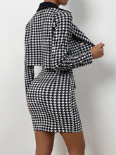 Houndstooth Print Lapel Neck Crop Jacket & Bodycon Dress